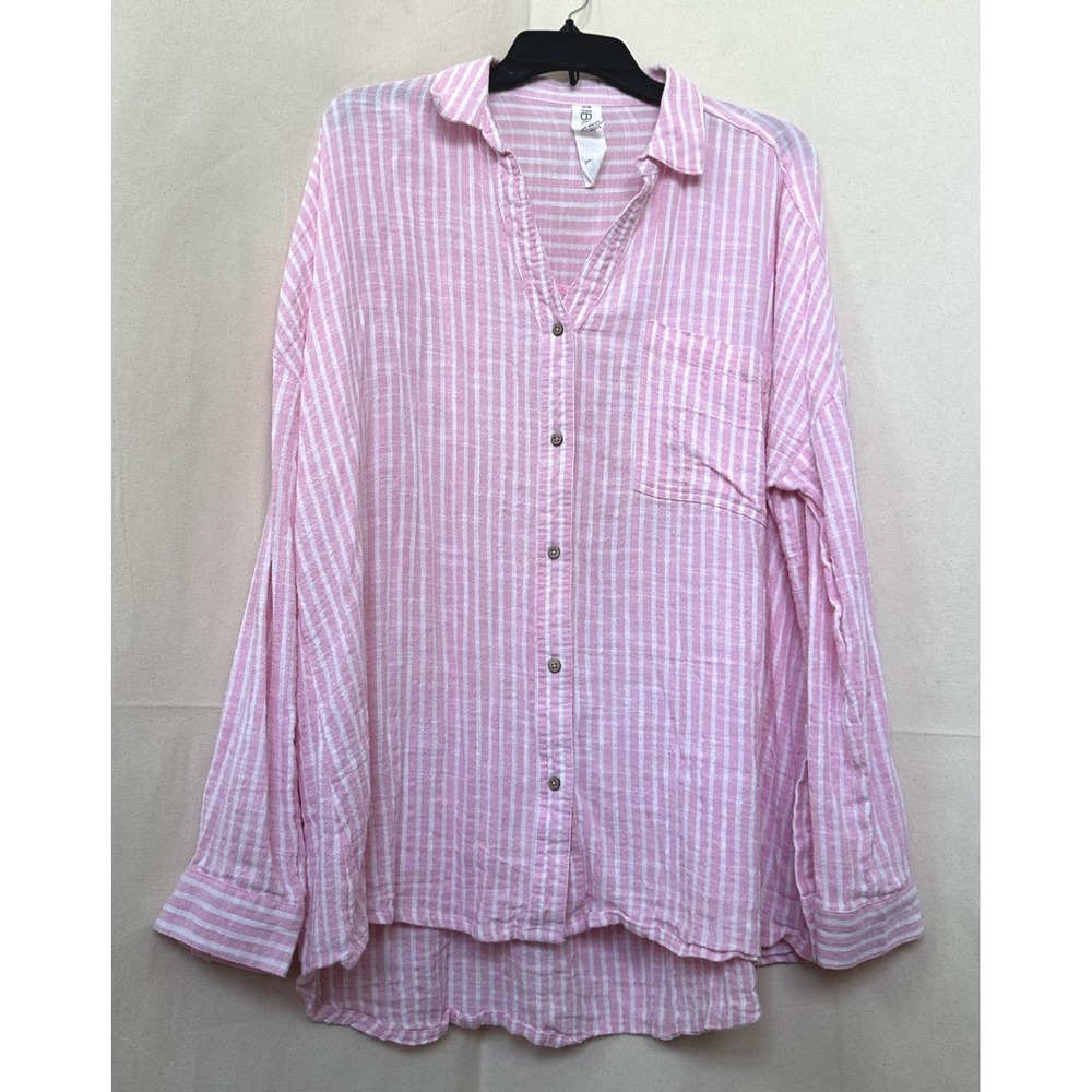 Cotton On Body Oversized Beachy Resort Pink White Gauzy Striped Shirt Size M